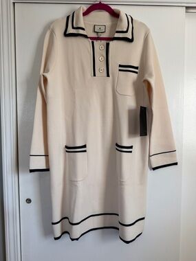 Tuckernuck Cream Knit Long-Sleeve Polo Dress with Black Trim